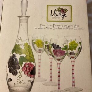Wine Decanter & 4 Stems Hand Painted  NEW